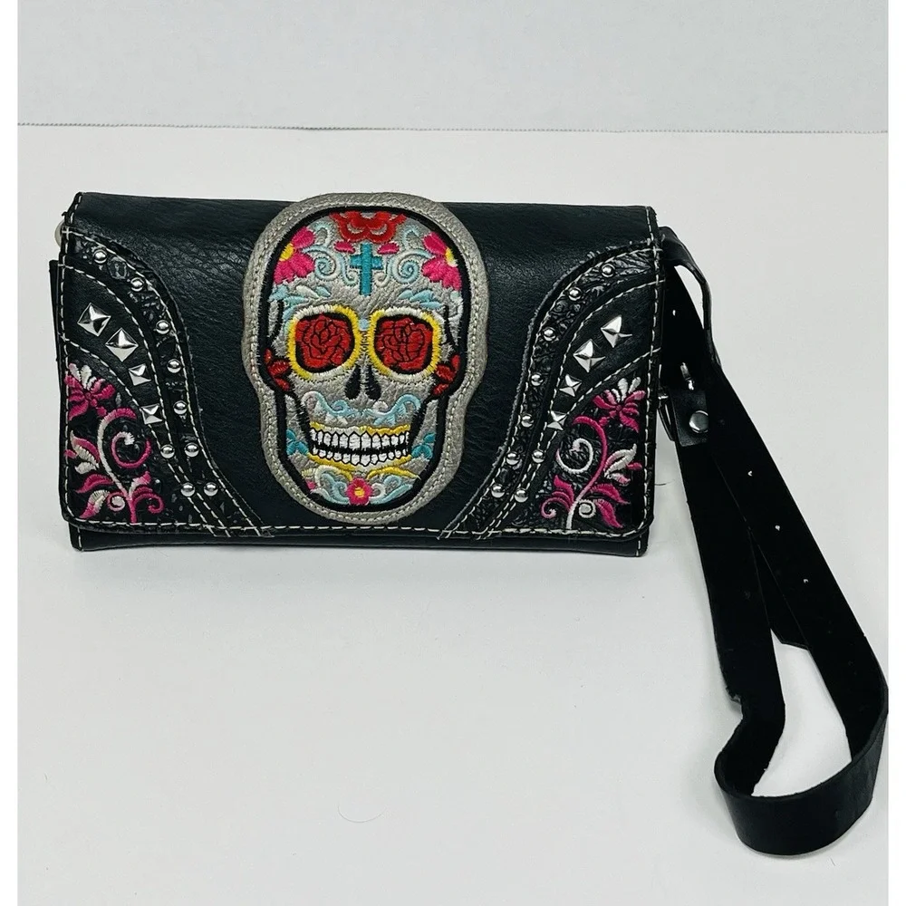 Day Of The‎ Dead Sugar Skull Flower Black Trifold Wristlet Wallet Dia de Muertos